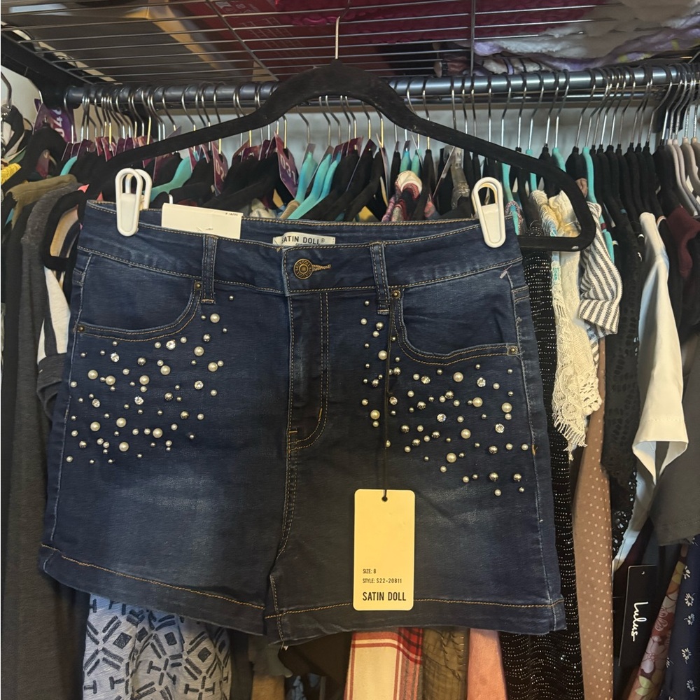 Sparkly Blue Jean Shorts with Rhinestone Embellishments